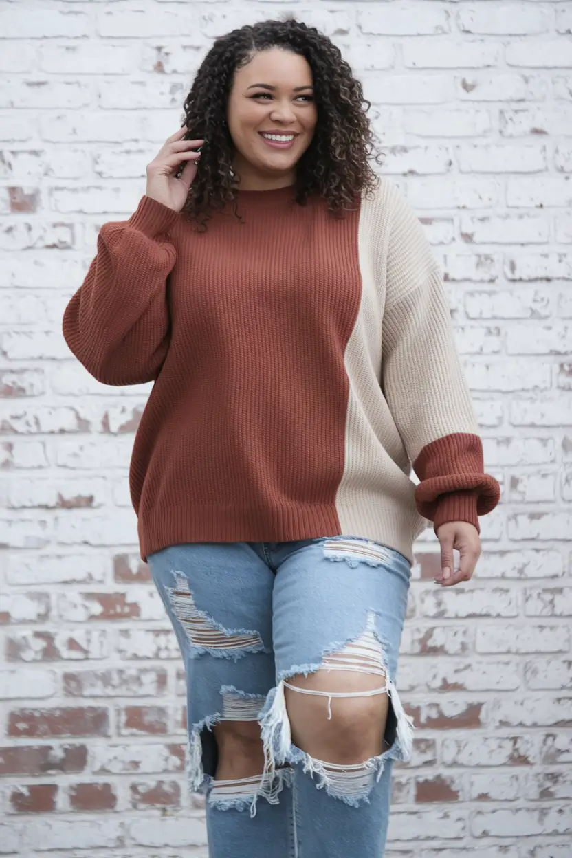fall plus size capsule wardrobe 2025 Split-Tone Sweater: A Cozy Statement Piece