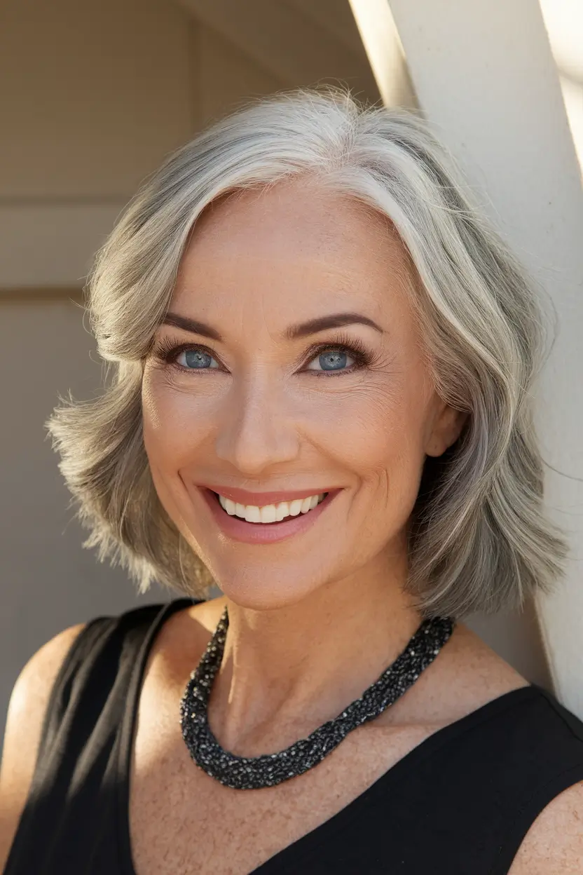 fall hair color women over 50 Textured Silver with Volume and Confidence