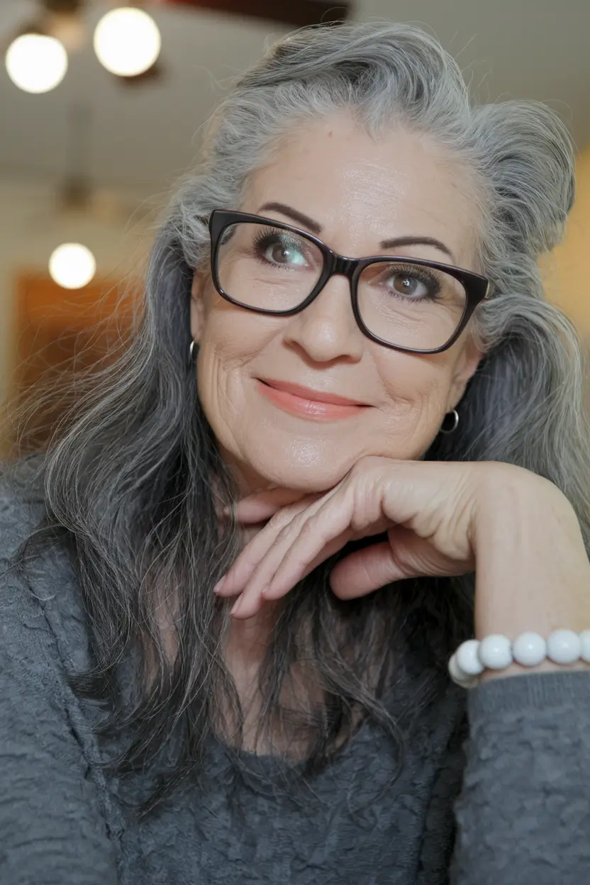 fall hair color women over 50 Salt-and-Pepper with Sculpted Volume