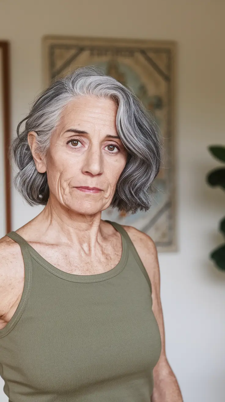 fall hair color women over 50 Power Gray Bob with Side-Part Drama
