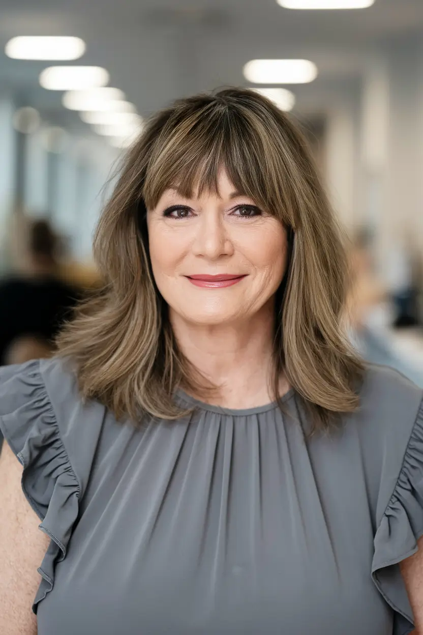 fall hair color women over 50 Warm Brunette with Lash-Skimming Fringe