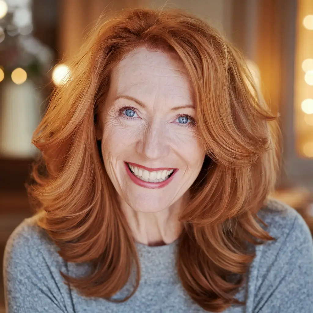 fall hair color women over 50 Fiery Auburn Layers with Major Movement