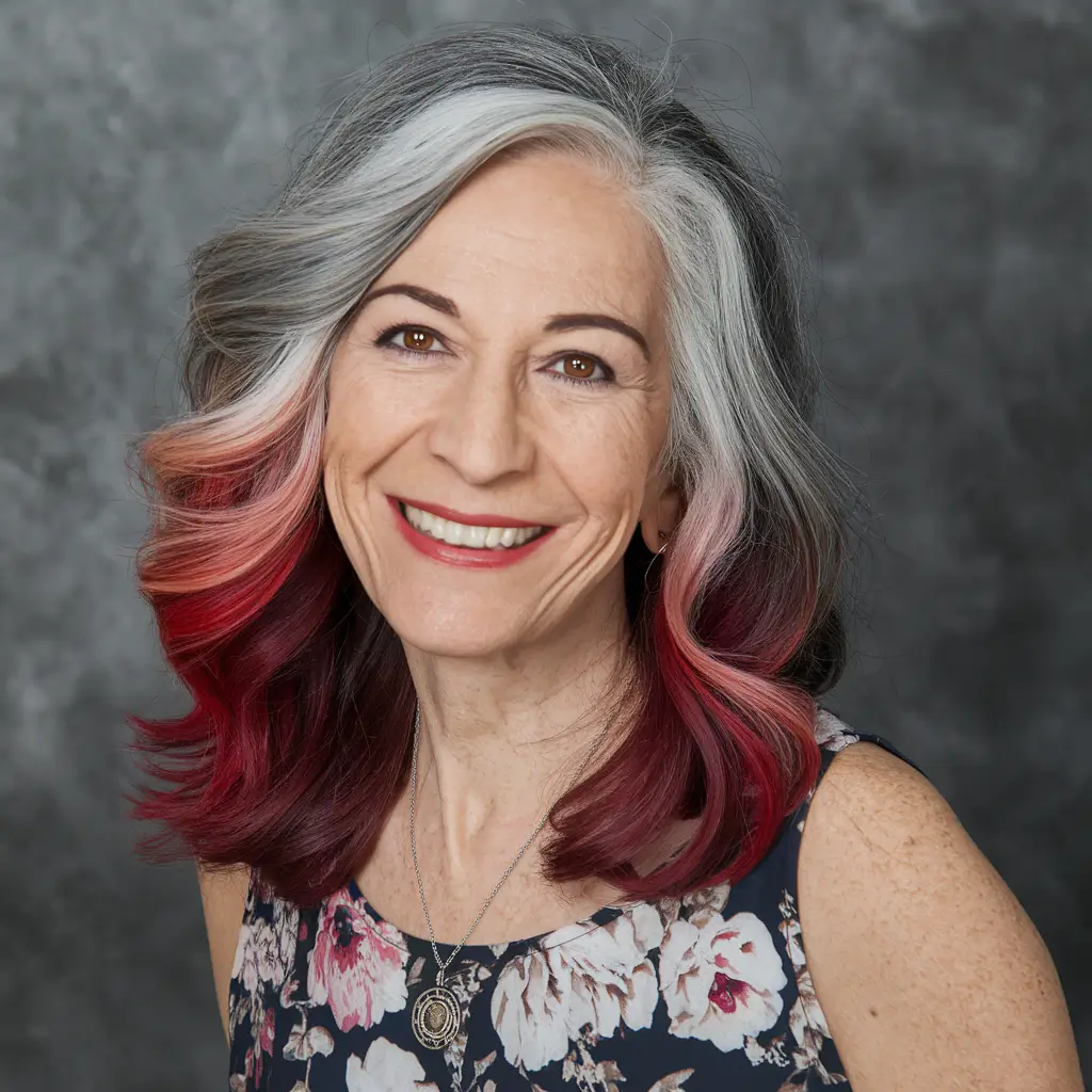 fall hair color women over 50 Silver & Raspberry Balayage for the Bold