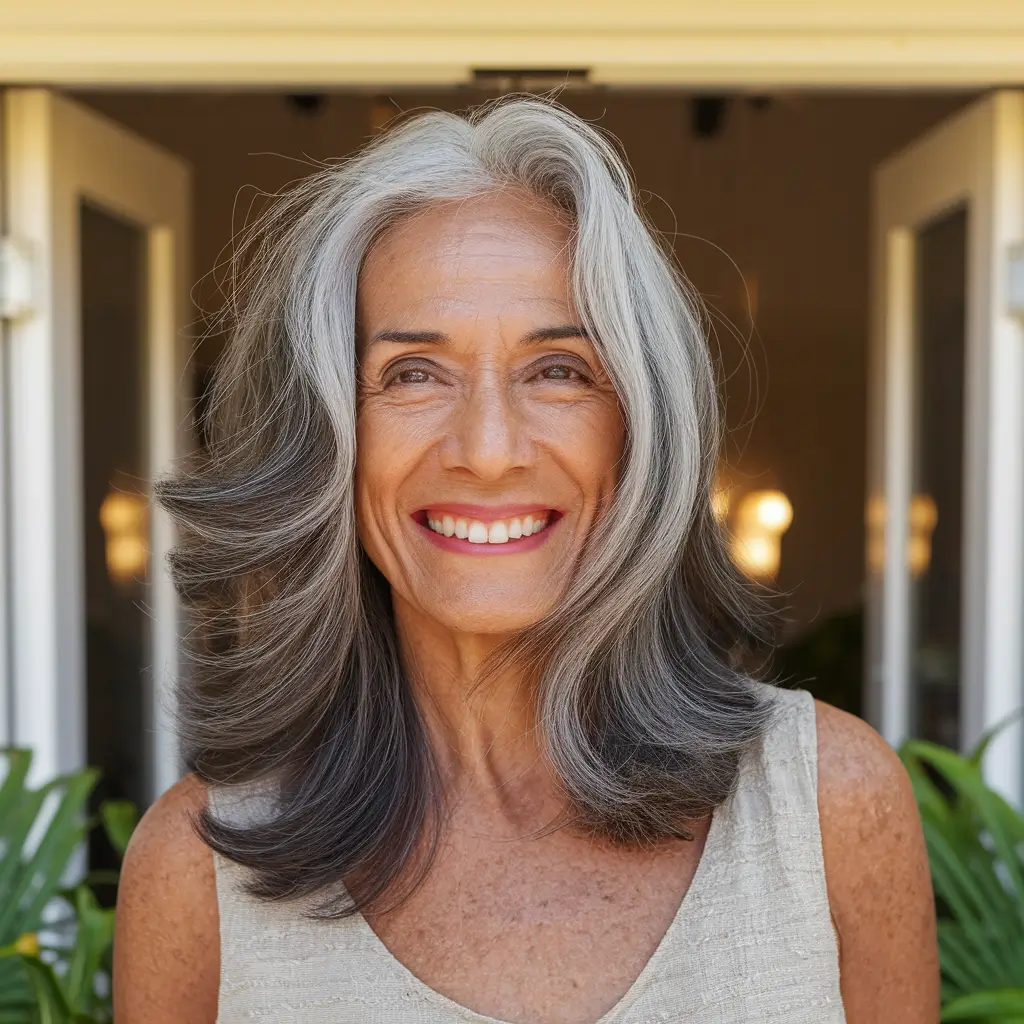 fall hair color women over 50 Layered Silver with Ashy Brunette Accents