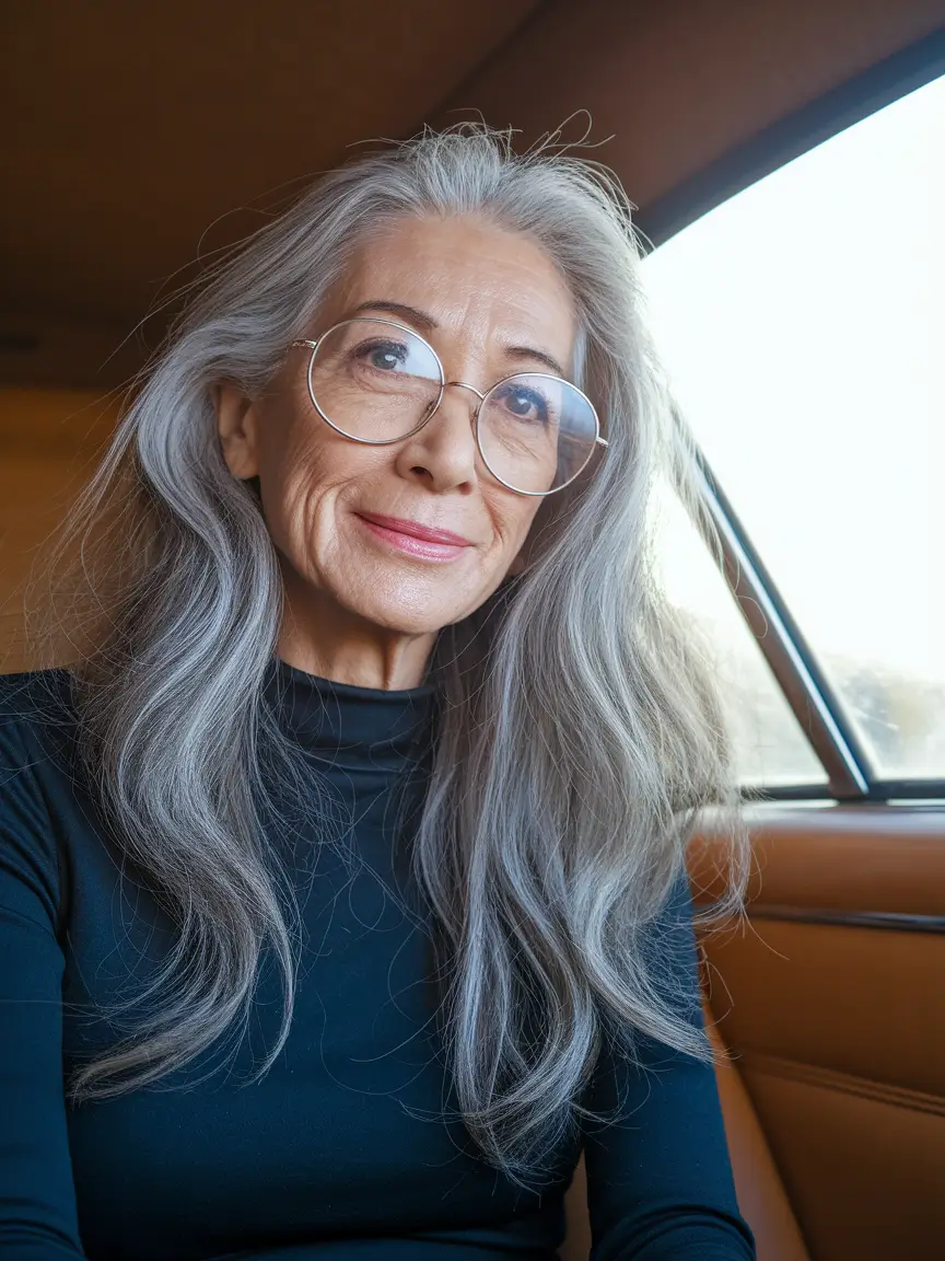 fall hair color women over 50 Long Gray Layers with Natural Elegance