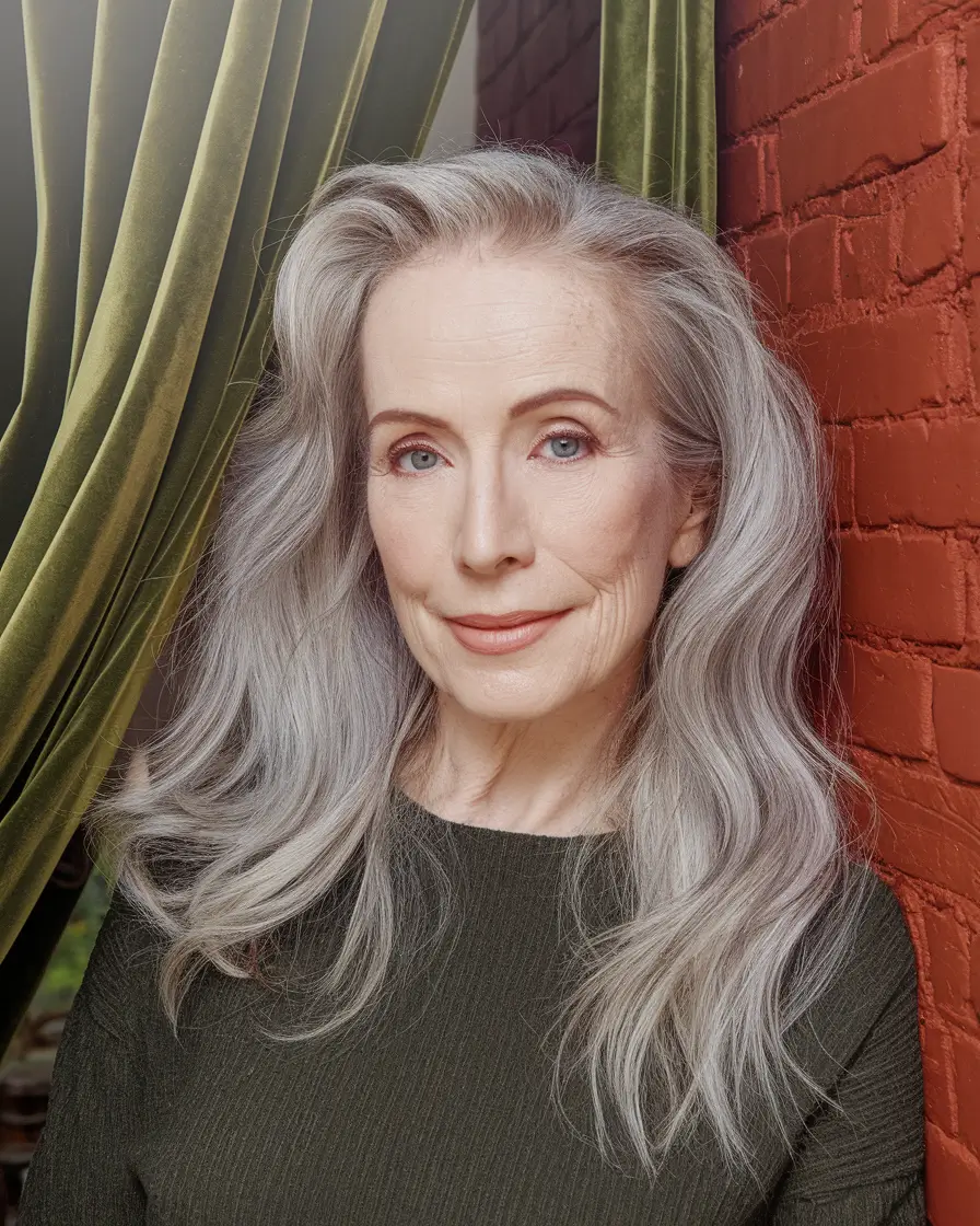 fall hair color women over 50 Soft Silver with Gentle Movement