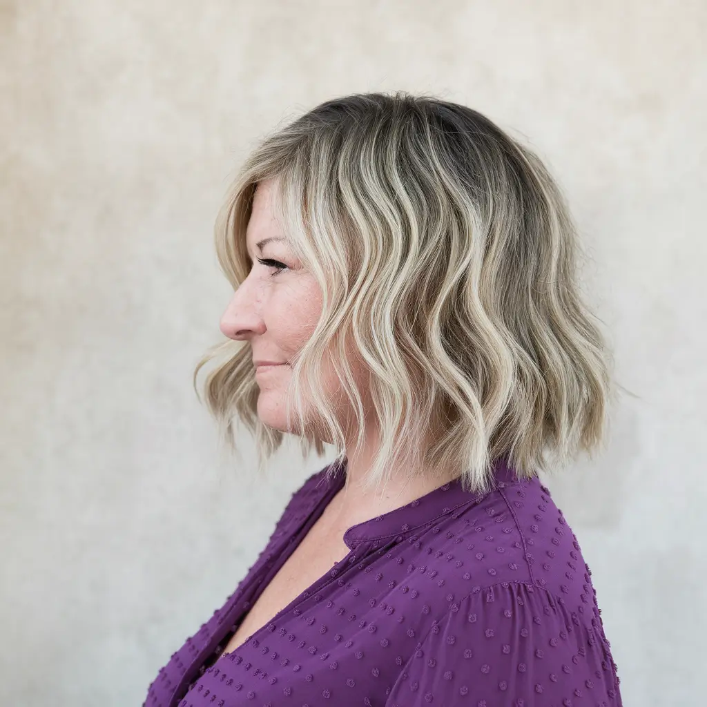 fall hair color women over 50 Beige Blonde Bob with Loose Waves