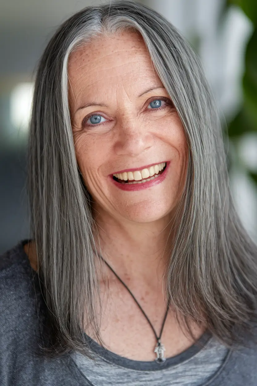 Fall hair color women over 60 Cool Silver Straight and Sleek