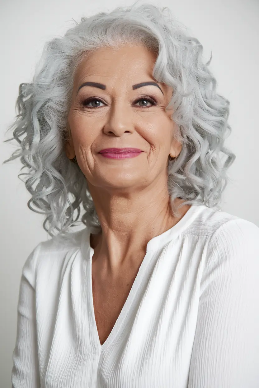 Fall hair color women over 60 Icy Pearl Curls with Youthful Bounce