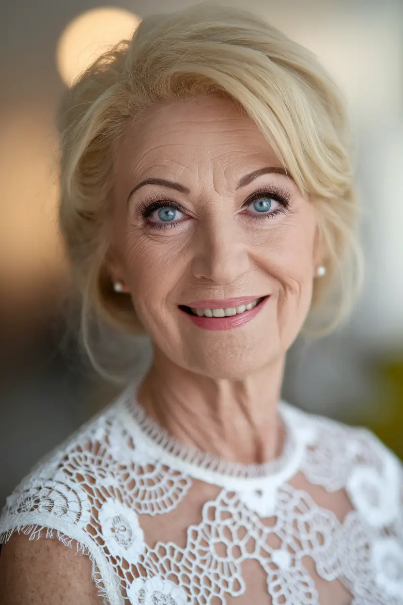 Fall hair color women over 60 Soft Golden Updo with Elegant Lift