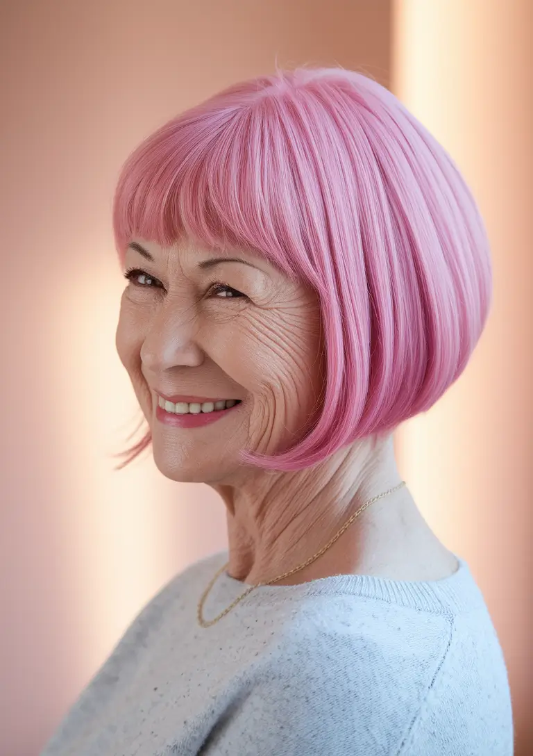 Fall hair color women over 60 Bubblegum Pink with a Curved Undercut Bob