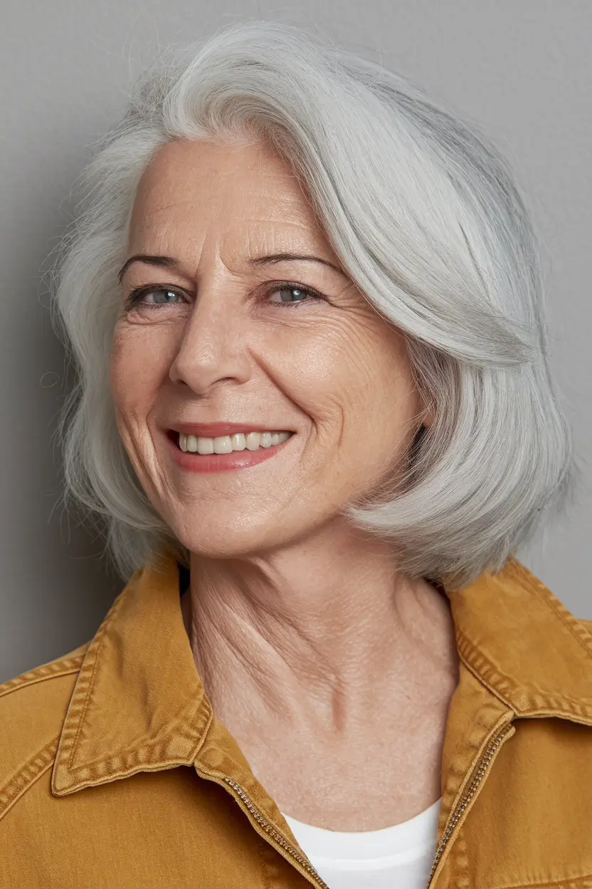 Fall hair color women over 60 Silver Sophistication with Feathered Layers