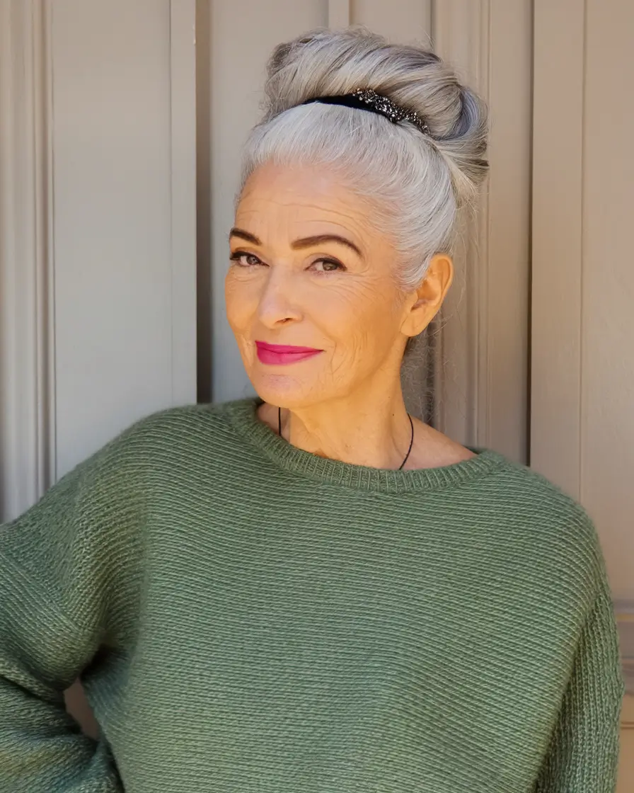 Fall hair color women over 60 High Crown Elegance with Snow-White Grace