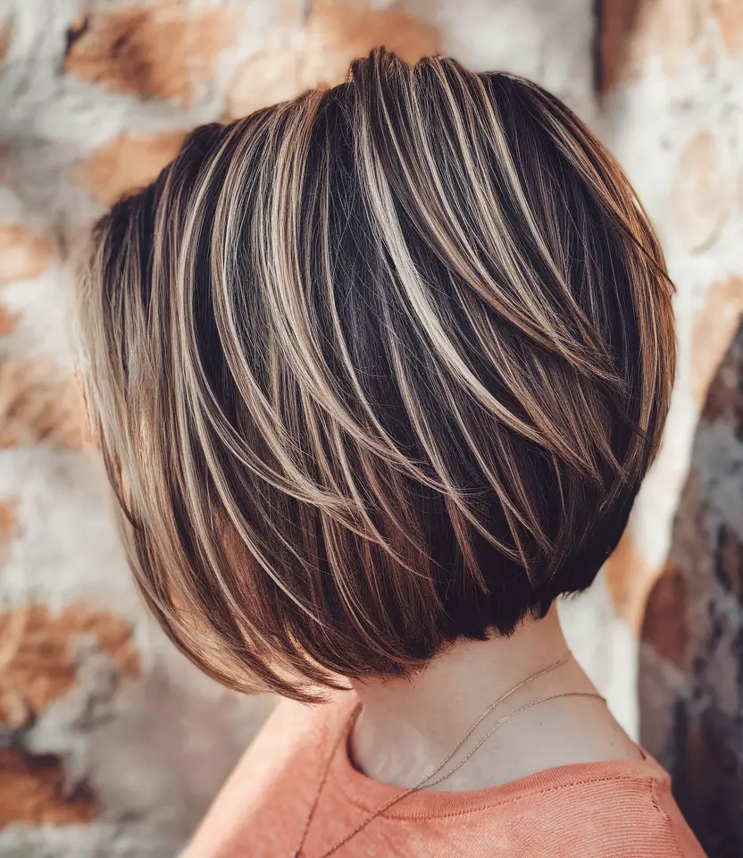 Fall hair color women over 60 Layered Espresso Bob with Caramel Highlights