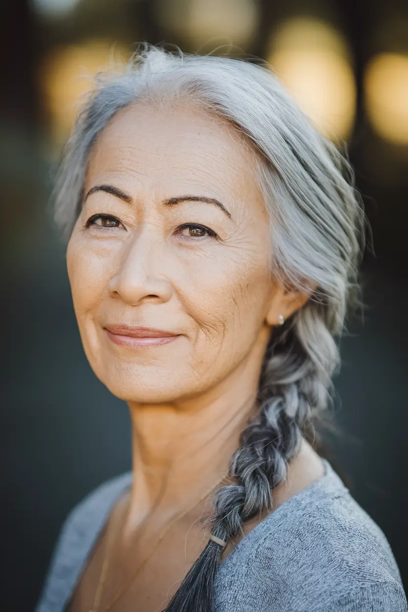 Fall hair color women over 60 Silver Braid with Ash Undertones
