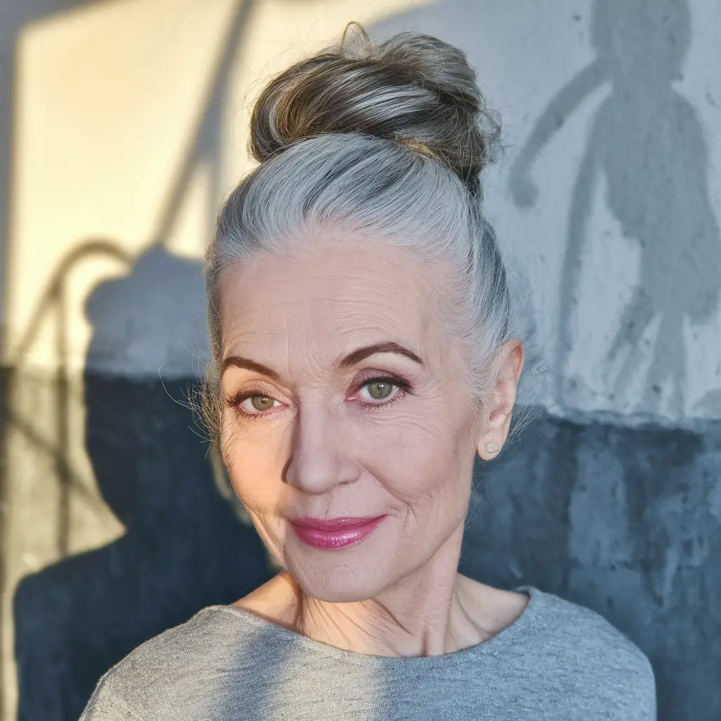 Fall hair color women over 60 Soft Silver Top Knot with Wispy Texture