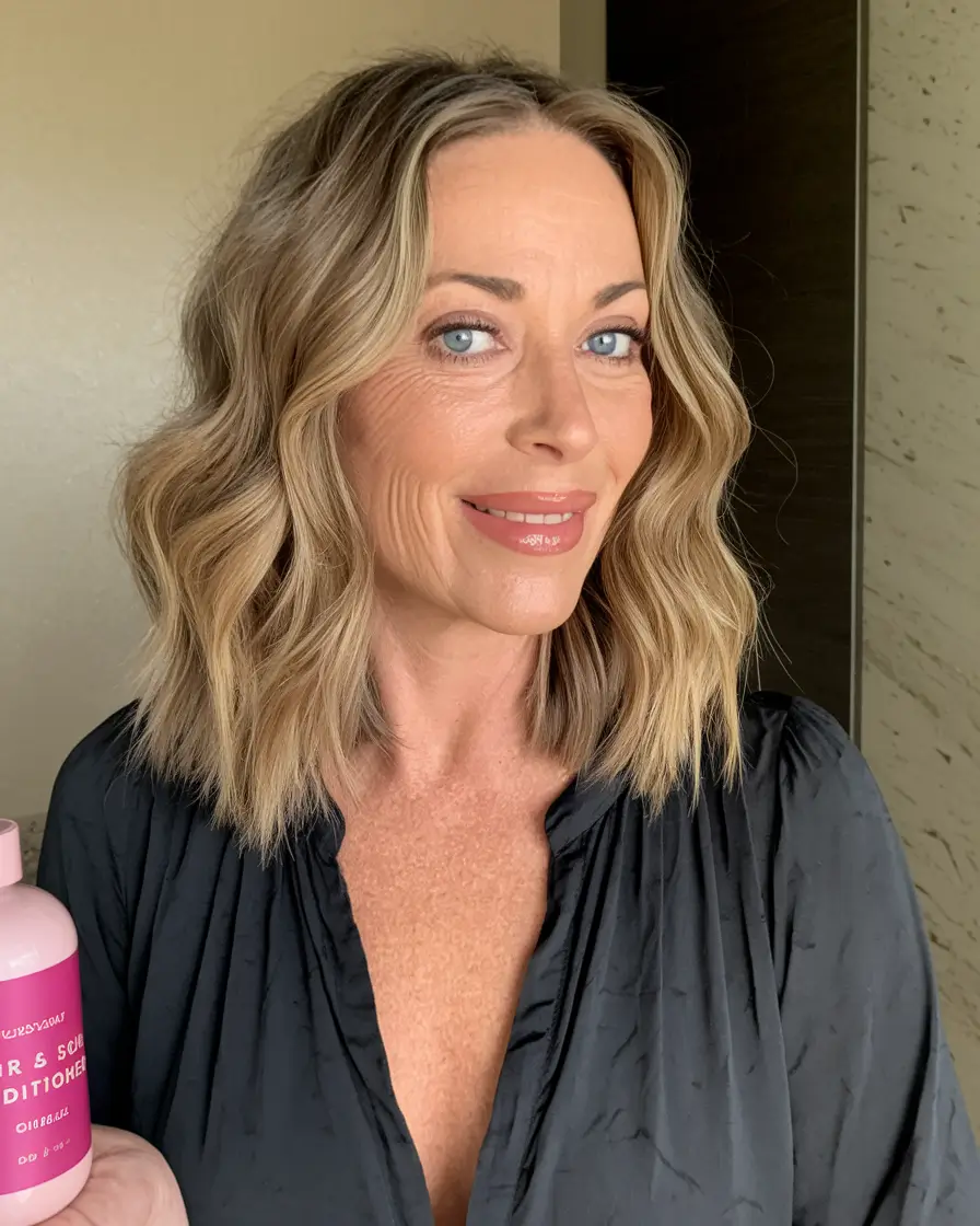 fall hair color women over 40 Soft Honey Lob with Neutral Blonde Ends