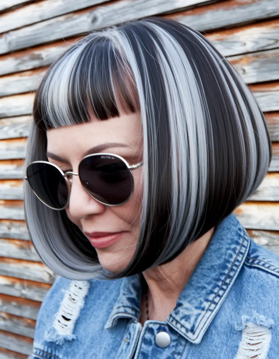 fall hair color women over 40 Graphic Charcoal and Silver with Bold Bangs