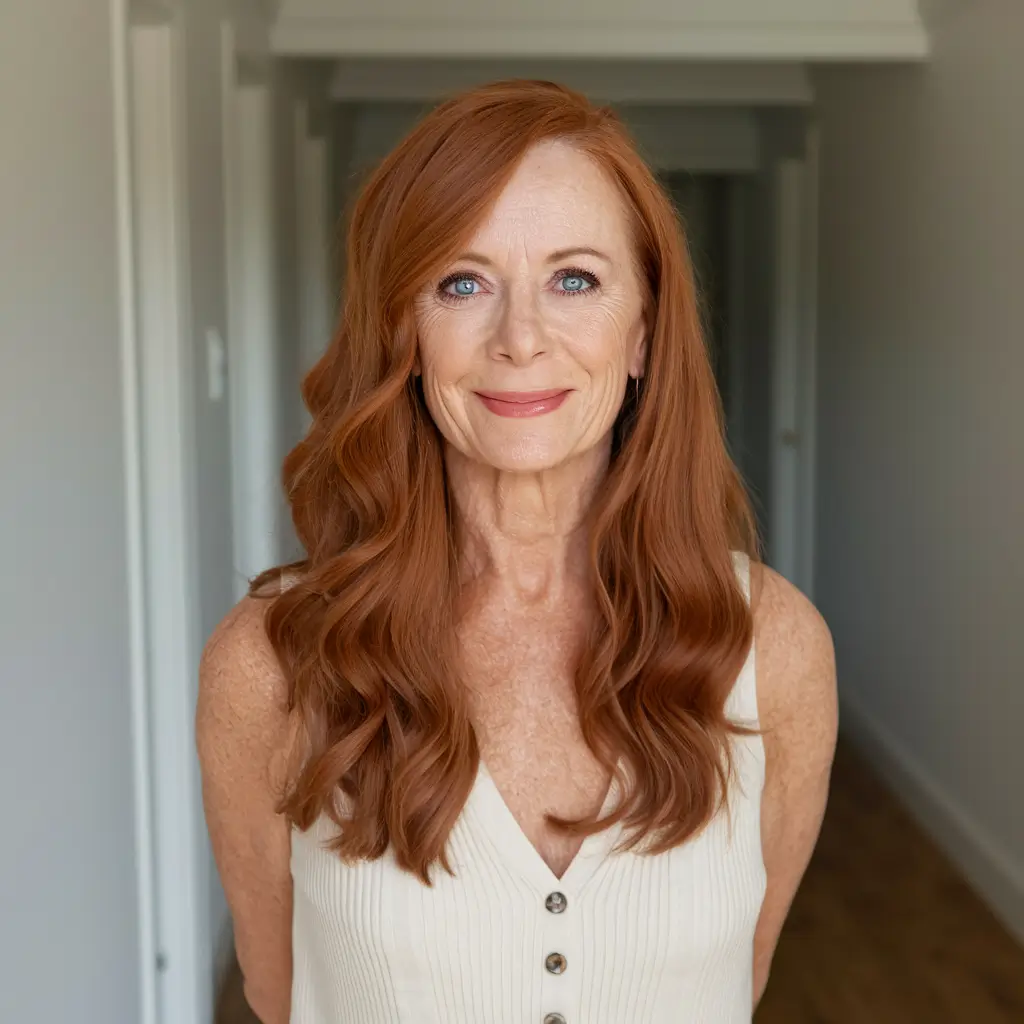 fall hair color women over 40 Soft Auburn Waves for a Lively Look
