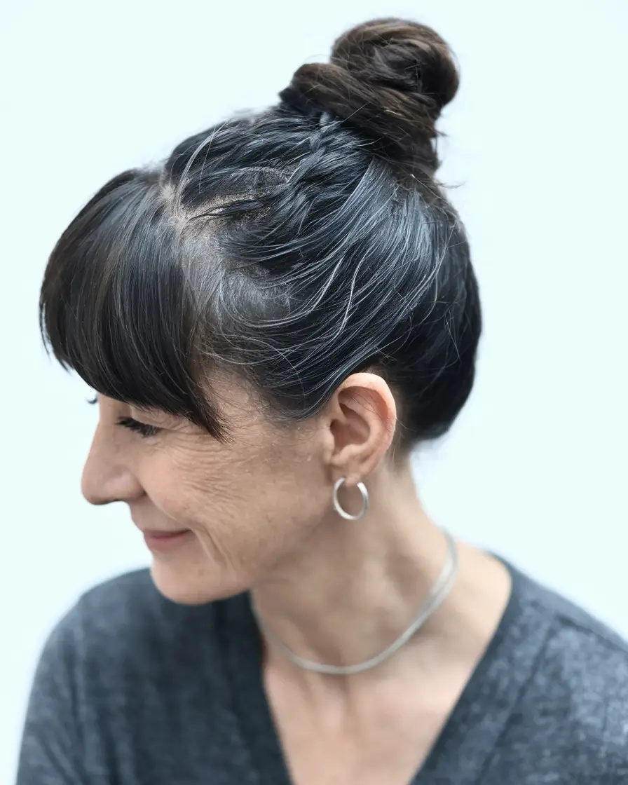 fall hair color women over 40 Polished Raven Updo with Wispy Bangs