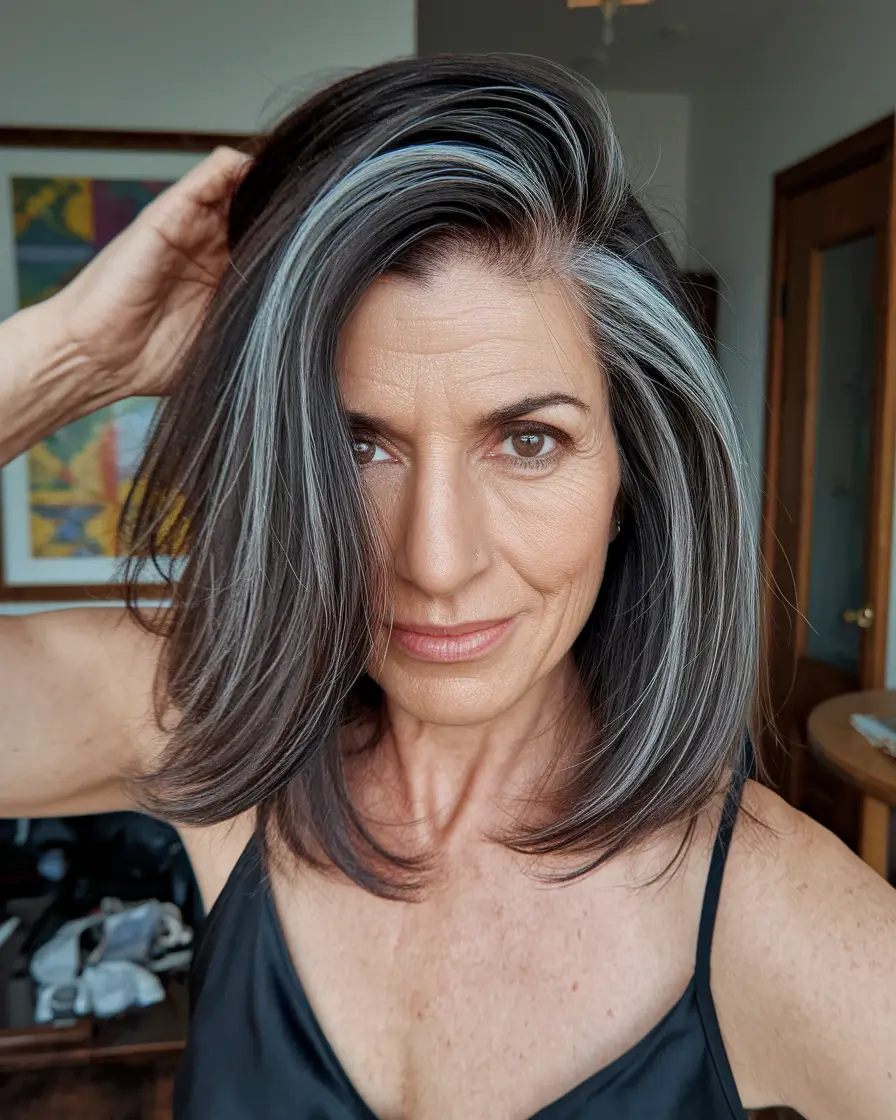 fall hair color women over 40 Silver Skunk Stripe with Voluminous Layers