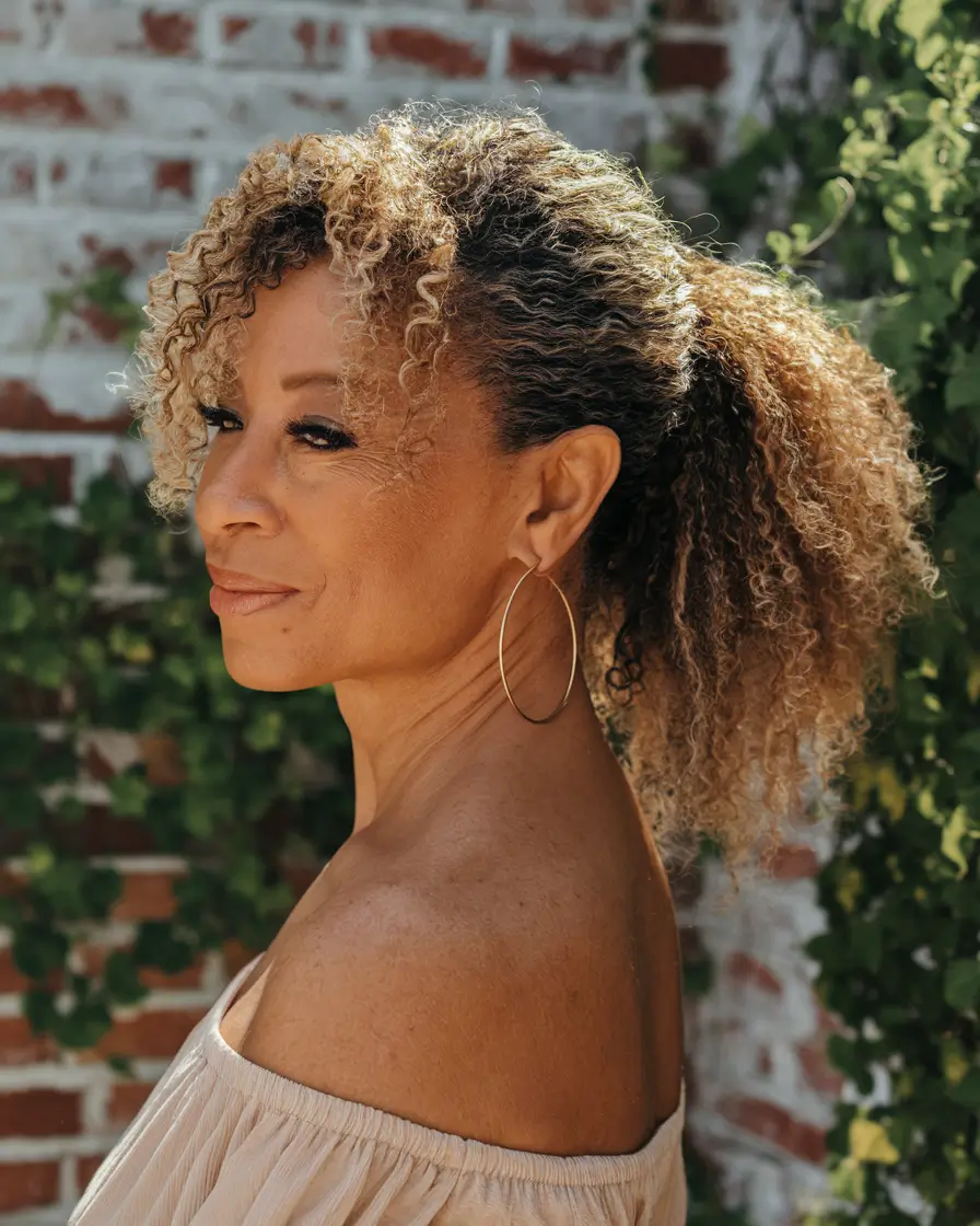 fall hair color women over 40 Dimensional Curls with Caramel Balayage