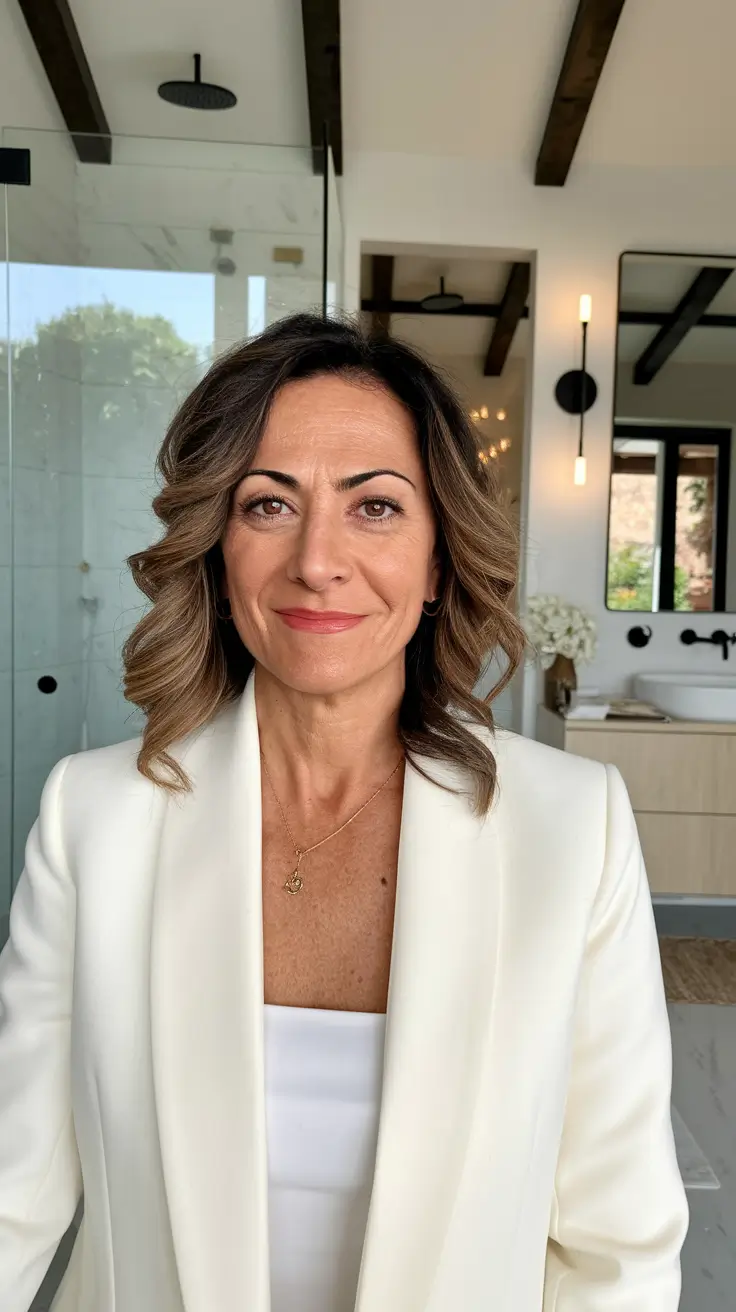 fall hair color women over 40 Warm Brunette with Ash Blonde Balayage