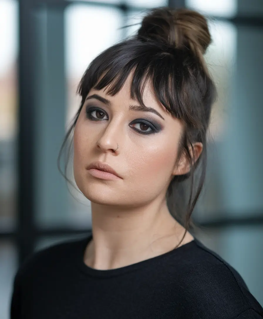 fall hairstyles and colors+Textured Fringe with Top Knot Energy