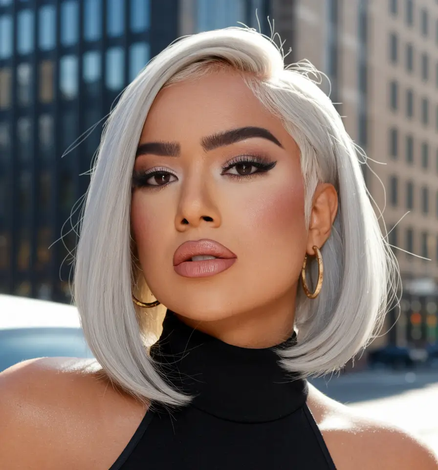 fall hair colors pixie short hairstyles Ice Silver Lob with Graphic Makeup