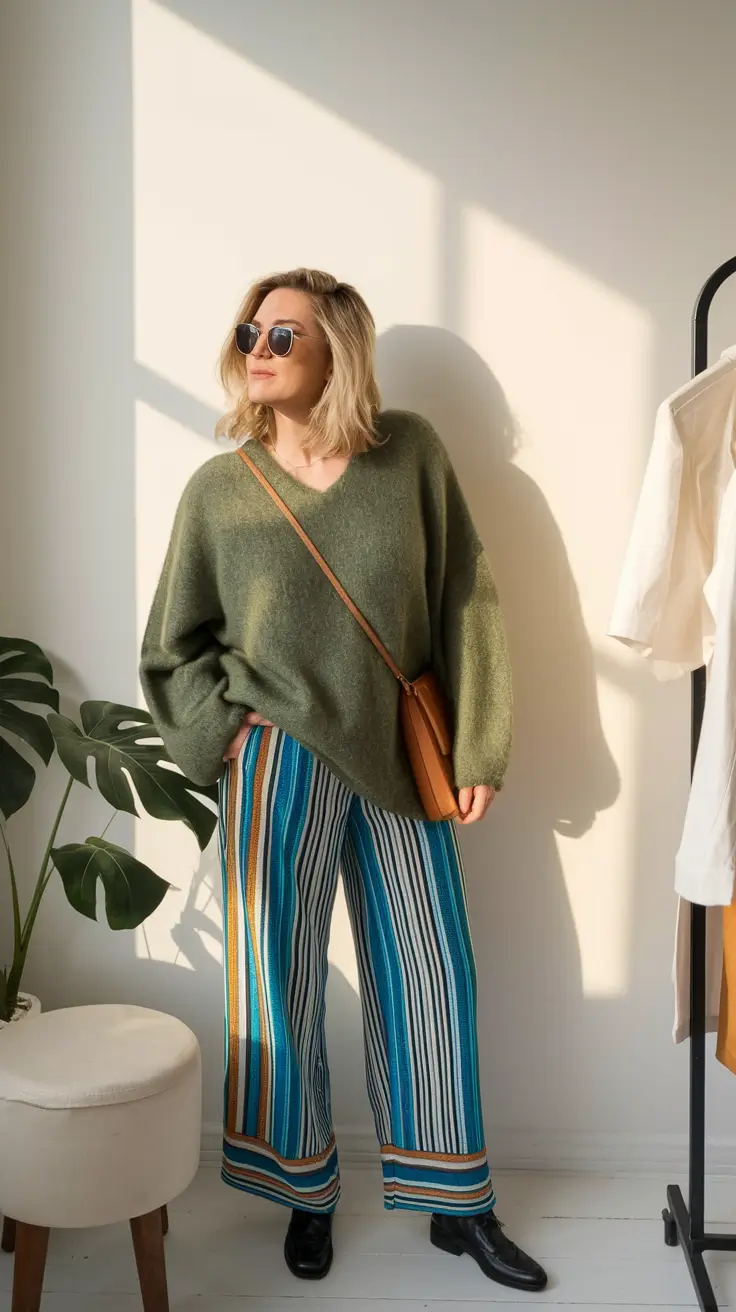 midsize fall outfits 2025 casual Relaxed Knit Meets Playful Pants