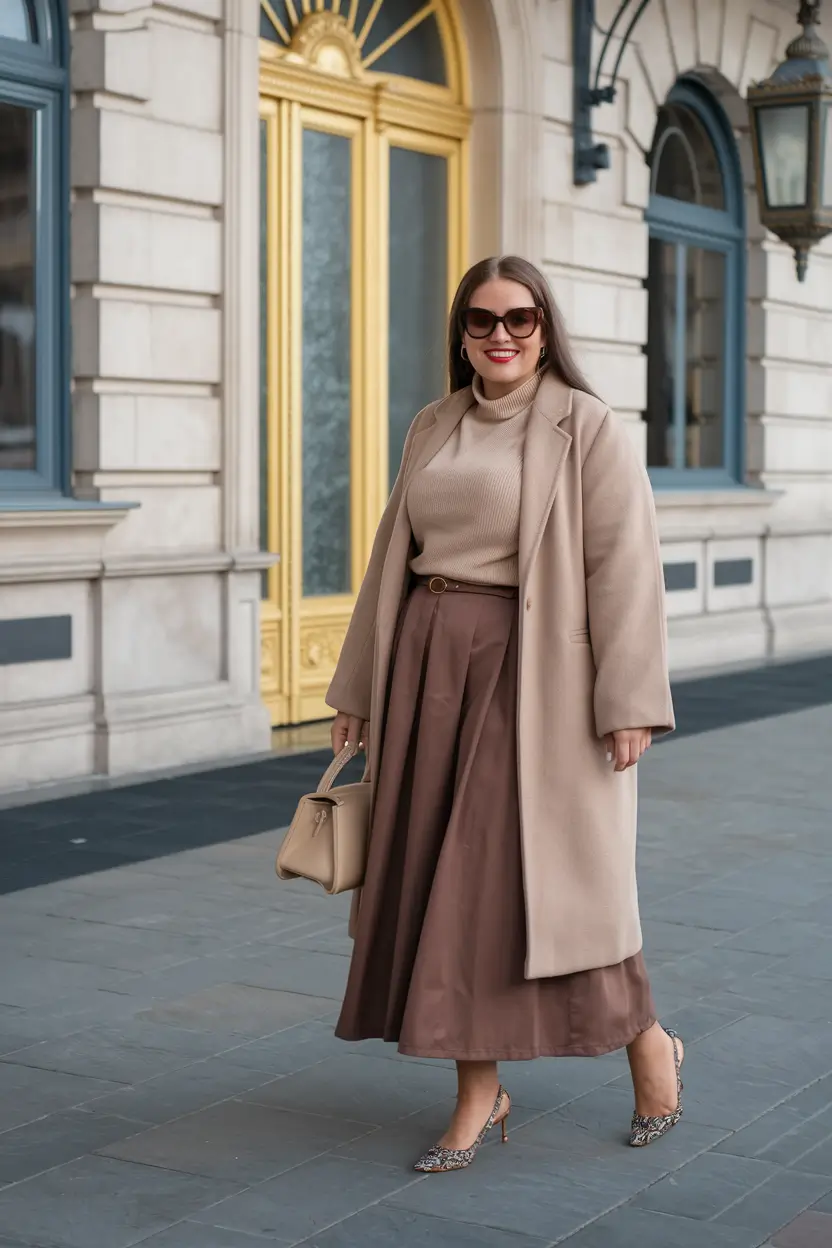 midsize fall outfits 2025 skirt Soft Neutrals with Skirted Sophistication