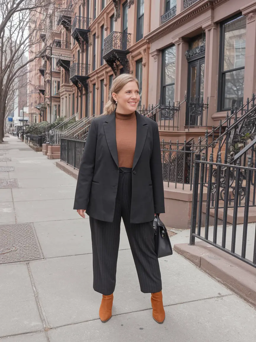 midsize fall outfits work Blazer Power with a Pop of Rust