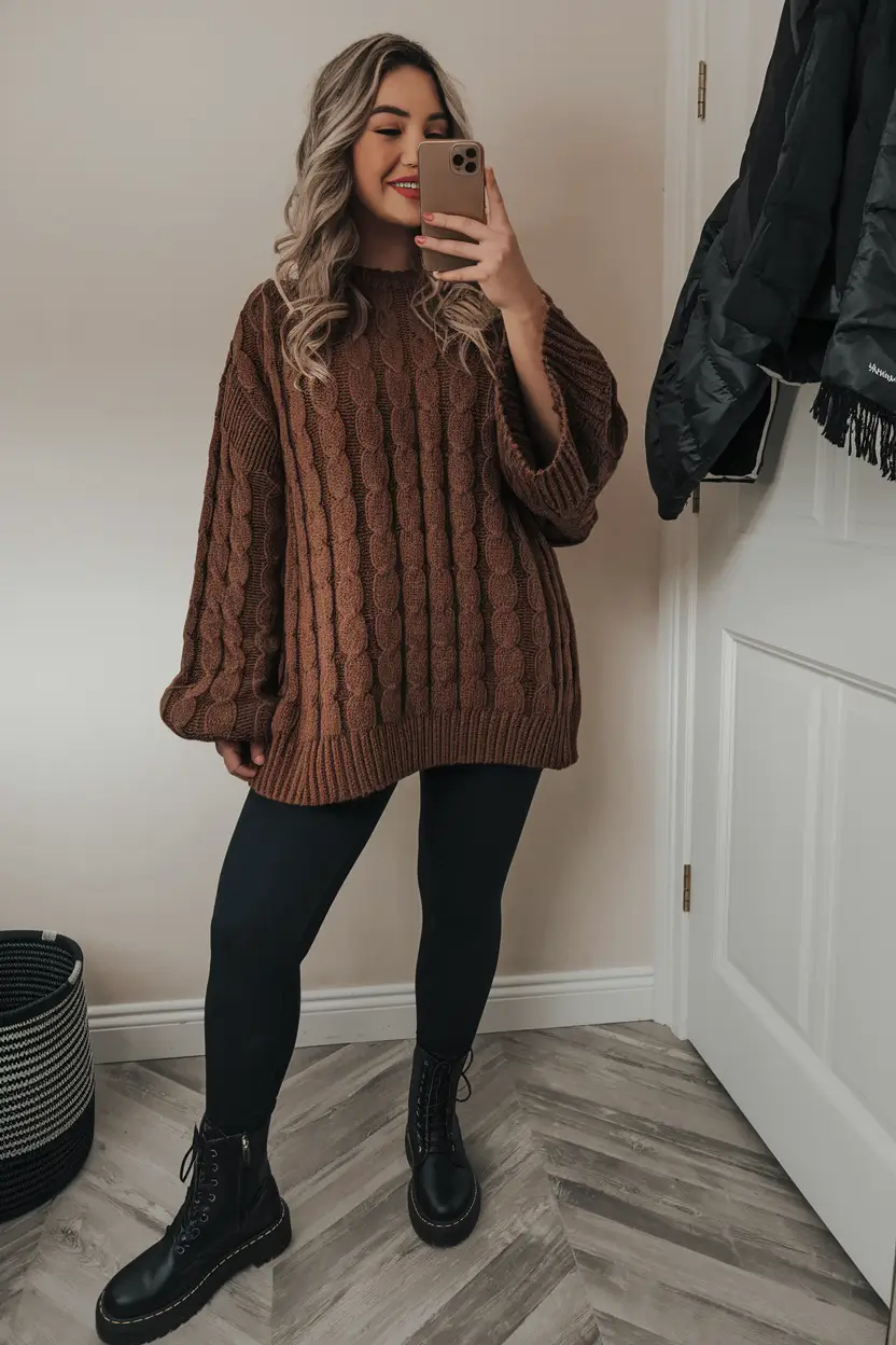 midsize fall outfits 2025 casual Chunky Knit and Combat Boots for Cold Days