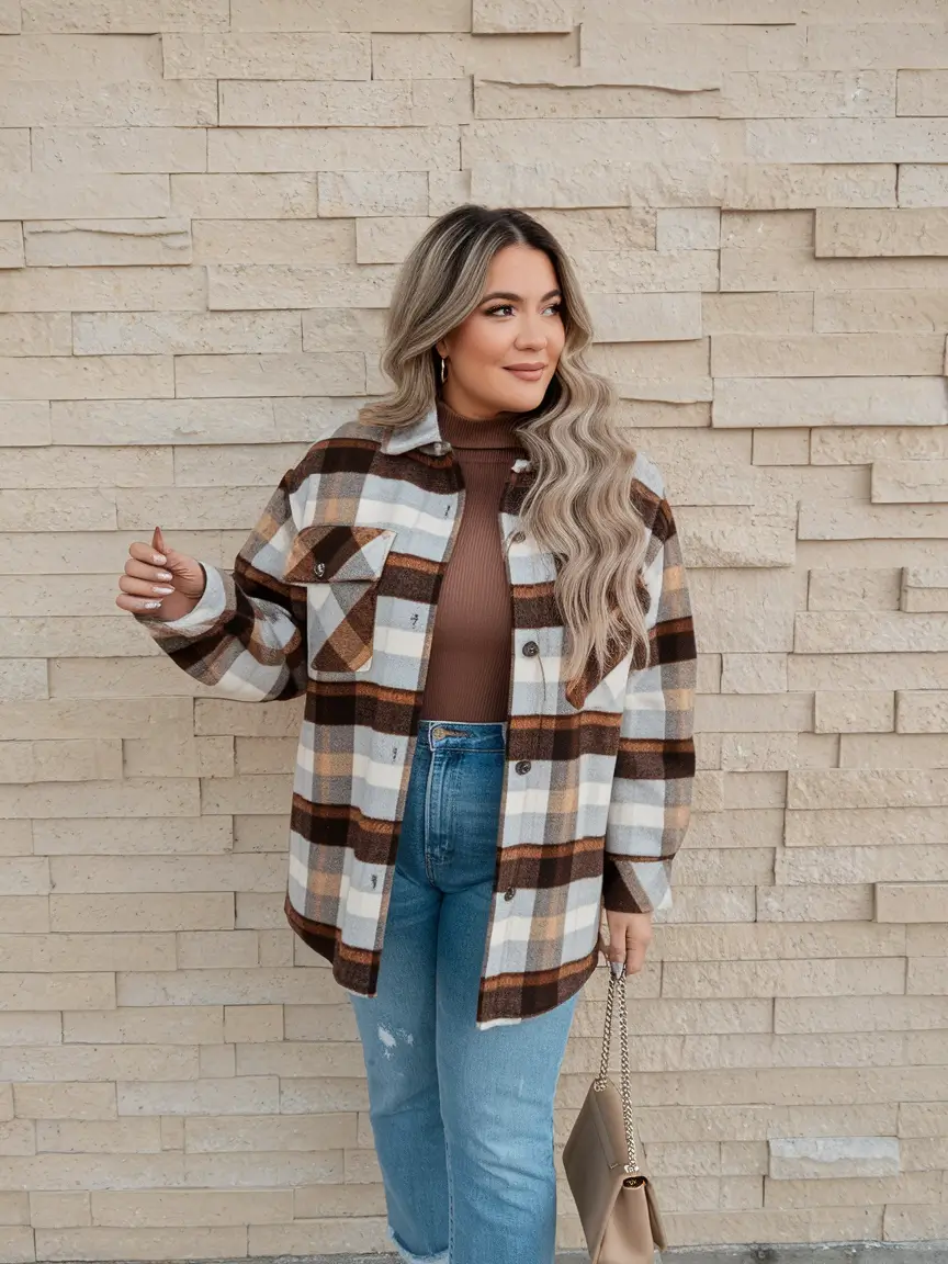 midsize fall outfits 2025 casual Plaid Shirt Jacket Meets Cool-Girl Denim