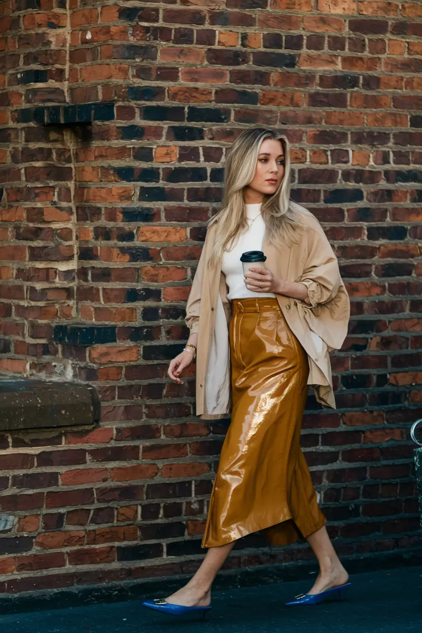 fall fashion outfits 2025 women Shiny Leather & Shades of Honey: Coffee Run Reimagined