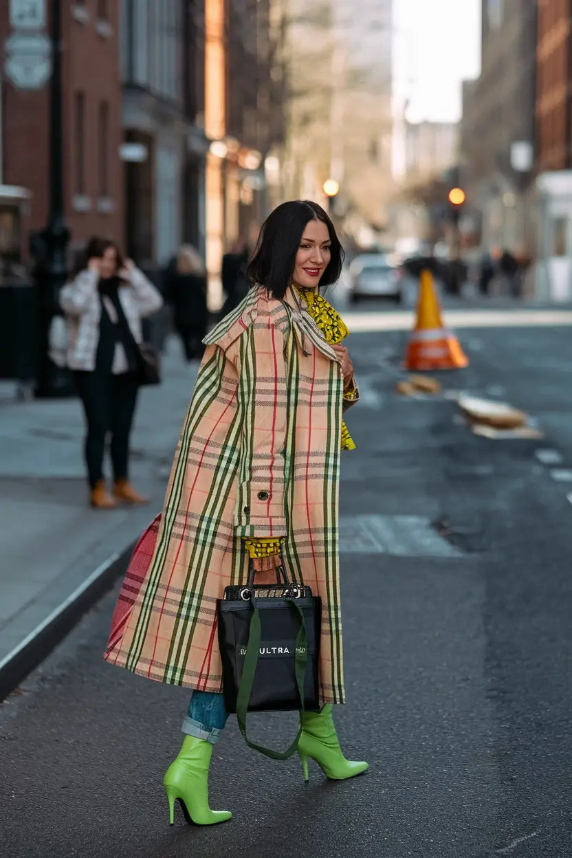 fall fashion trends women european 2025+Oversized Plaid Drama Meets Bold Boots