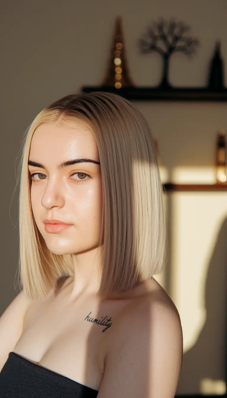 fall hair color for blondes ideas 2025 Glass-Blonde Bob with Cool Dimension
