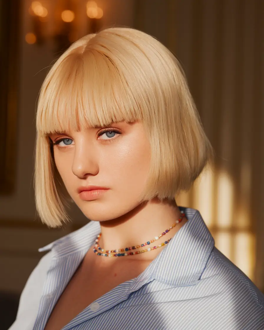 fall hair color for blondes ideas 2025 Blunt French Bob with Creamy Fringe
