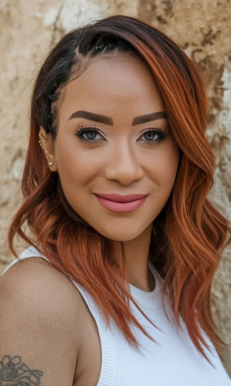 fall hair color for brown skin 2025 rust tones with a deep side part