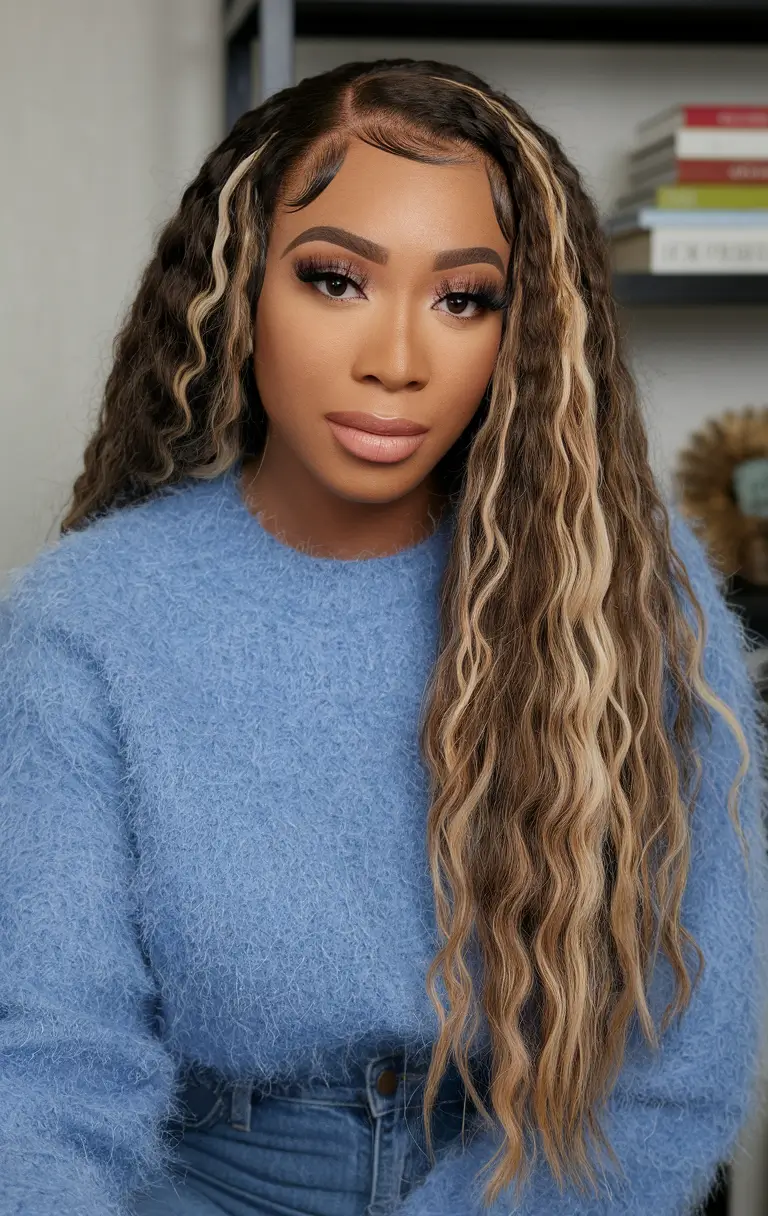 hair color ideas for deep skin+Chunky Blonde Highlights on Deep Waves