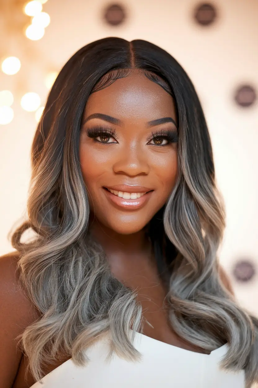 hair color ideas for deep skin tones 2025 Cool-Toned Ash Gray Waves
