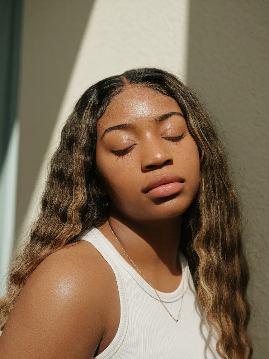 hair color ideas for deep skin tones 2025 Sunlit Honey Balayage with Soft Roots