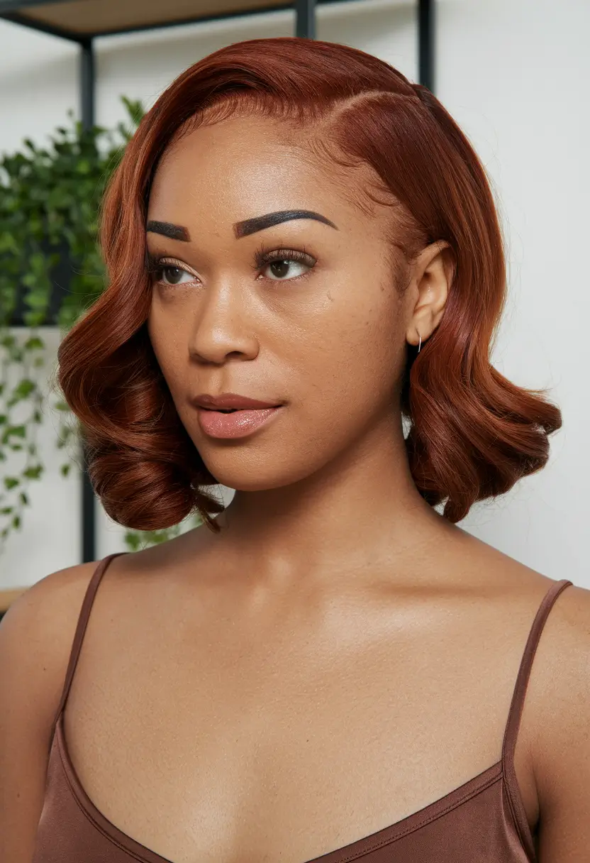 hair color ideas for deep skin+Retro Copper Bob with Glossy Finish