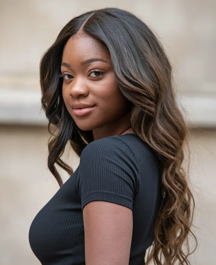 hair color ideas for deep skin+Mocha Melt with Gentle Curls