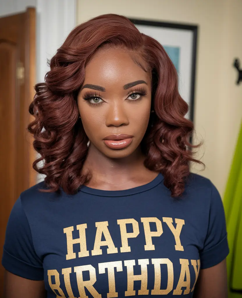 hair color ideas for deep skin+Merlot Curls with High-Shine Finish