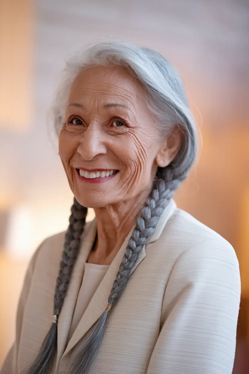 Fall hairstyles for women over 60 ideas 2025 - Long Braided Pigtails for a Playful Touch