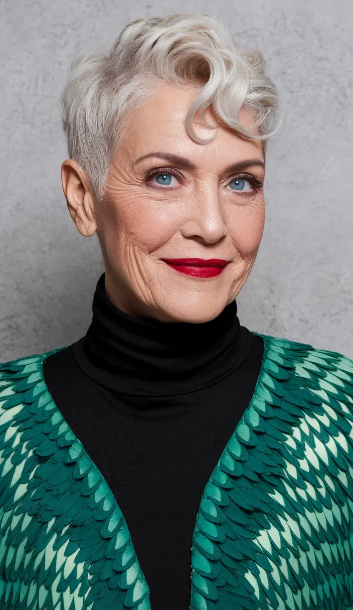 Fall hairstyles for women over 60 ideas 2025 - Super Short Platinum Pixie with Bold Styling