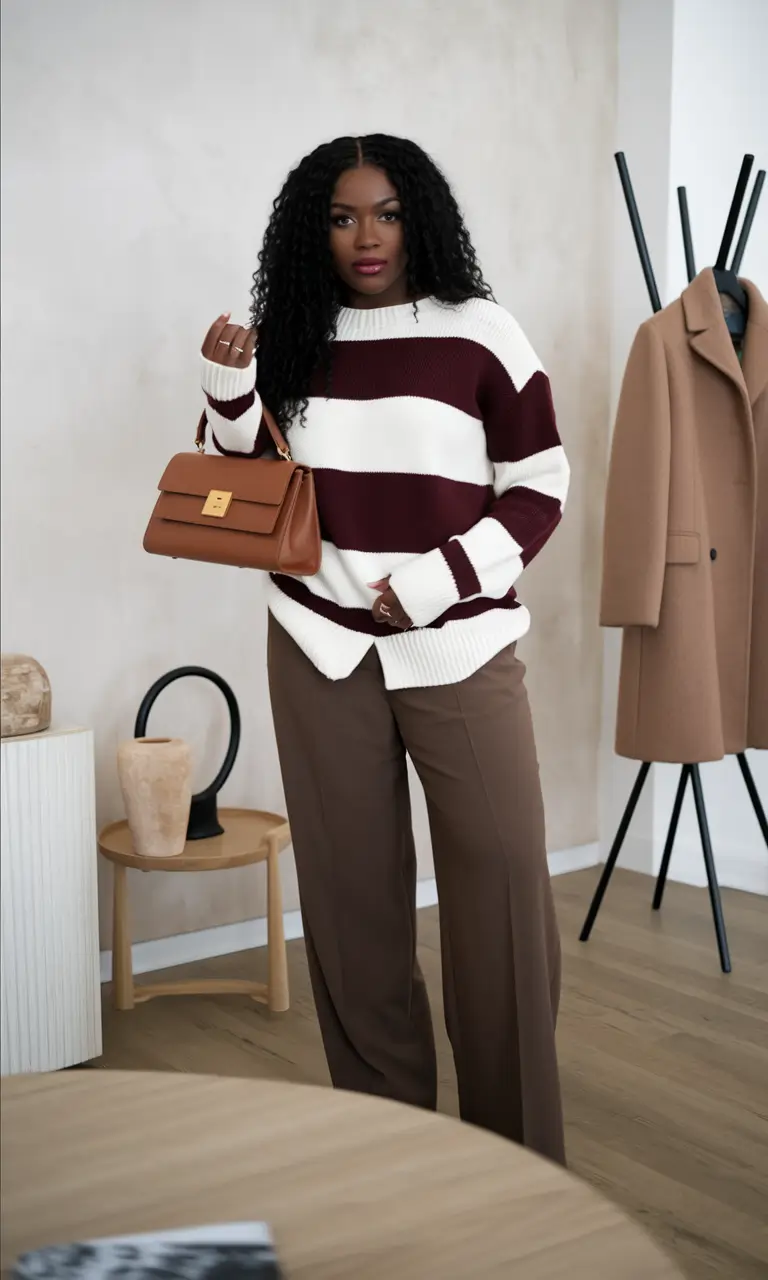 fall outfits for black women 2025 Striped Warmth in Chocolate Tones