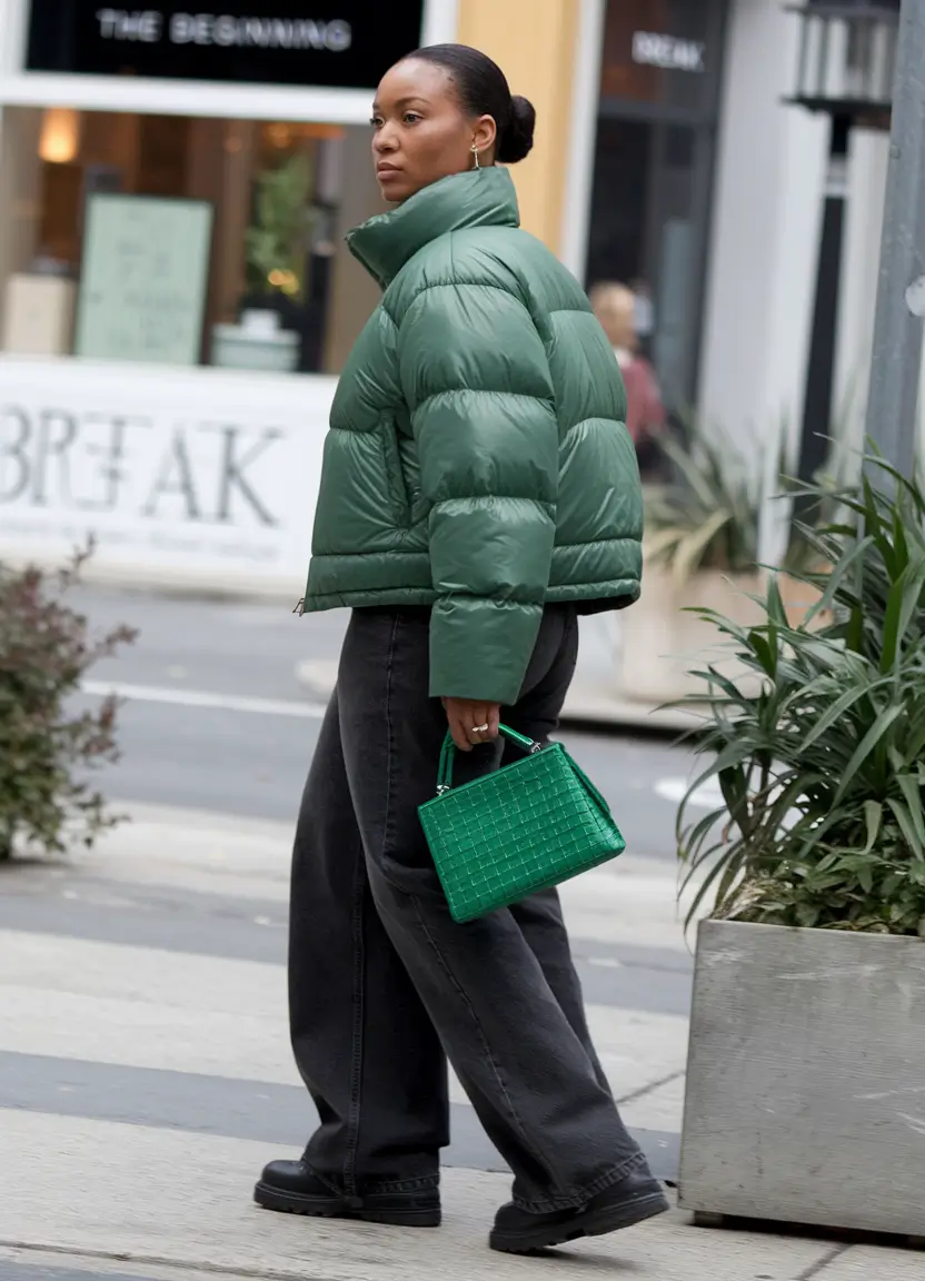 fall outfits for black women 2025 Puffer Chic in Monochrome Green