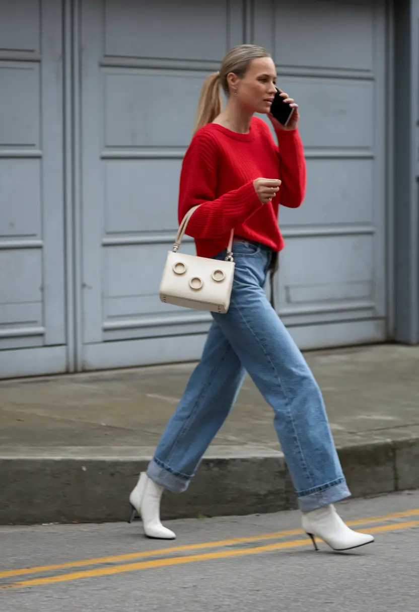fall outfits with jeans 2025 Bold Red, Clean Lines, and Classic Contrast